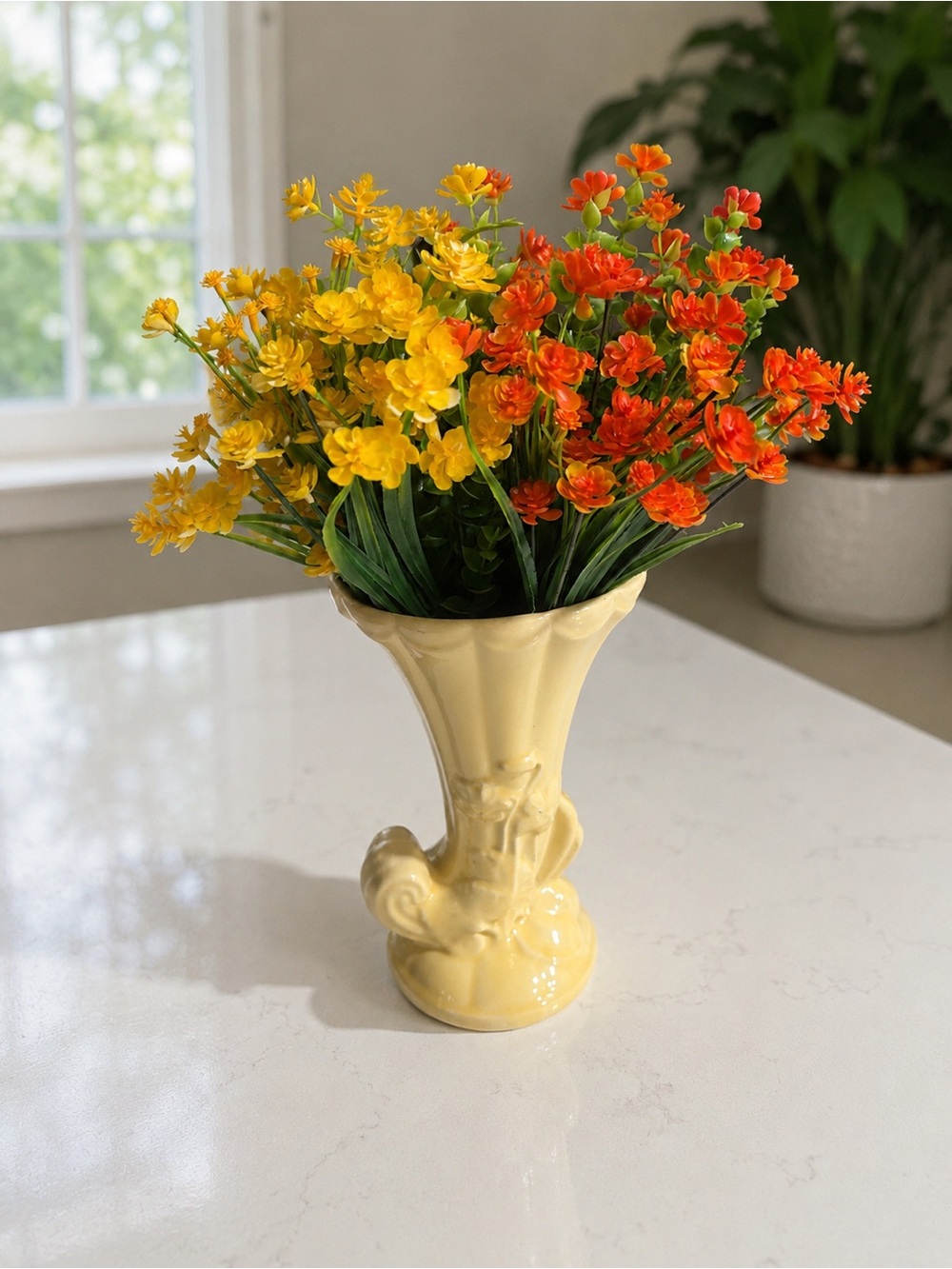 Yellow Ceramic Cornucopia Vase with Orange & Yellow Floral Accent